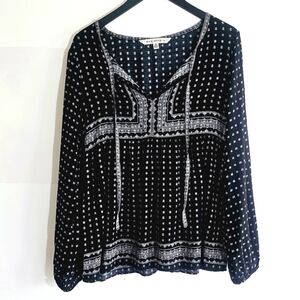 Max Studio Tie Split Neck Bohemian Long Sleeves Black/White Women's Blouse S